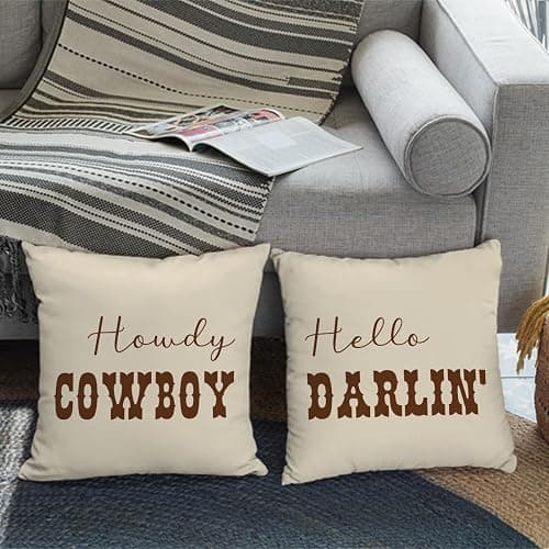 CarOptics Howdy Cowboy & Hello Darlin’ Lumbar Pillow Covers 18x18 Inch – Set of 2 Western Couple Throw Pillowcases for Rustic Farmhouse Decor, Country Gifts for Couch or Sofa (Beige) thumbnail 6