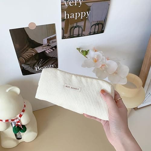 Mäppchen Aesthetic,Federmäppchen Mädchen,Cord-Stoff Pencil Case Aesthetic,Federtasche Erwachsene,Stifte Haves Study Must Schlamppermäppchen Etui Schule,Schulsachen für Kinder Teenage (Milchweiß) thumbnail 2