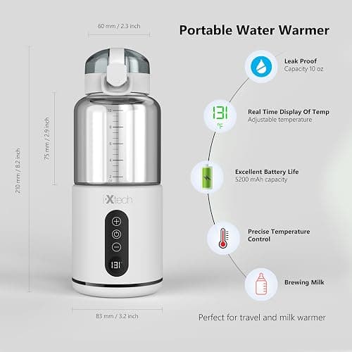 IXTECH Portable Water Warmer for Baby Formula, Milk Warmer for Travel, 10 oz., Electric Warming with Adjustable Temperature Control, Leak-Resistant Spout, Rechargeable and Wireless - 0.3 Quarts thumbnail 3