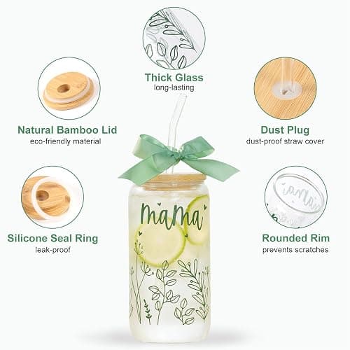 Gifts for Mom-Bow Mama Glass Cup with Lids and Straws Cute Aesthetic Iced Coffee Cup Smoothie Tumbler Gift for Mothers Day Christmas New Mom to be Personalized Birthday Presents for Women 16oz thumbnail 5