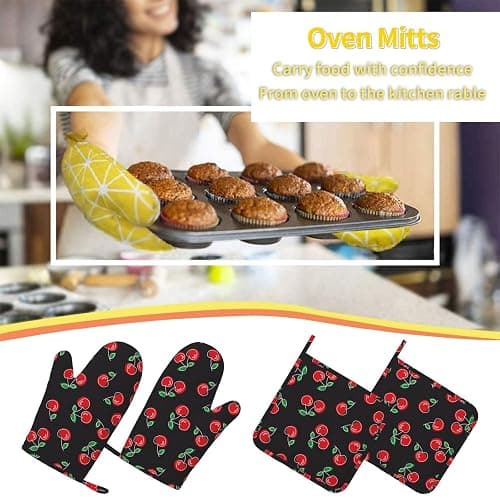Red and Black Cherry Oven Mitts and Pot Holders Sets of 4, Heat Resistant Silicone Oven Mittens and Potholders Gloves Hot Pads for Kitchen Cooking Baking Grilling BBQ Chef thumbnail 7