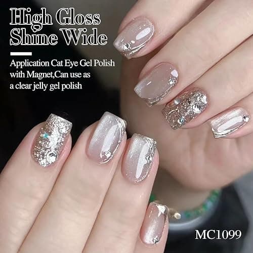 Double Rhythm 0.5 OZ Cat Eye Gel Polish with Magnet 15ML Holographic Glitter Shimmer Translucent Jelly Color Magnetic Nail Polish Salon DIY at Home (Clear Silver-B-MC1099) thumbnail 4