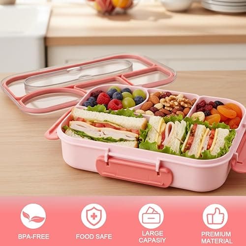 YANLIFY Bento Box for Adults,4 Compartments Lunch Box, Snack Containers Reusable Lunch Containers Drop-Proof, Dishwasher Safe & Made with BPA-Free Materials, Pink thumbnail 3