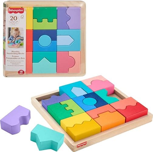 Fisher-Price Wood Toddler Toy Interlocking Blocks Stacking Jigsaw Puzzle with 20 Wooden Pieces for Kids Ages 18+ Months - Image 1