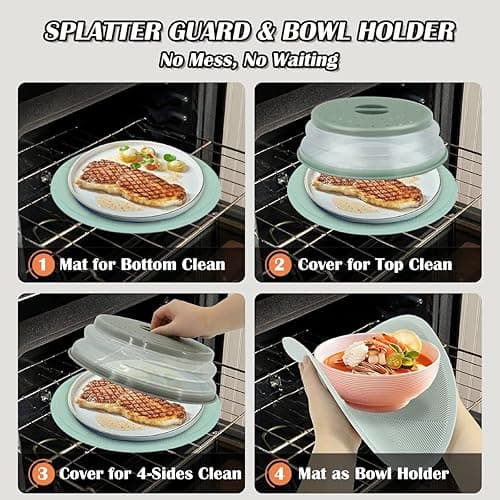 2 in 1 Silicone Microwave Splatter Cover Food, Microwave Mat Place Holders for Multi-use, Silicone Trivet, Pot Holders, Drying, Baking, Utensils Rest for Kitchen Counter Mat, Grey - Light Green (Mat With Cover) thumbnail 4