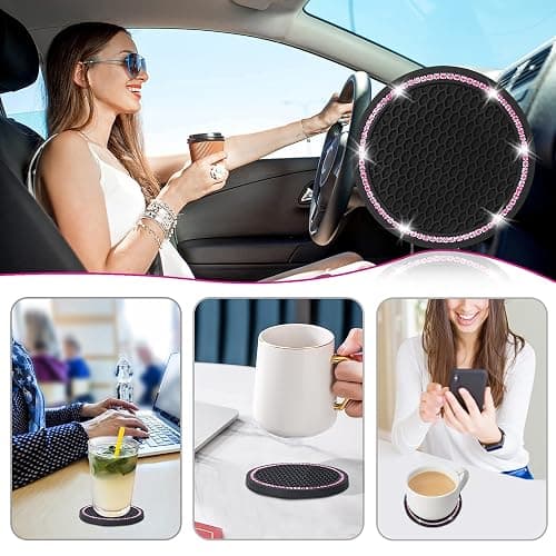 4 Pack Car Coasters, Universal Vehicle Bling Car Coaster, Cute Rhinestone Coaster for Cup Holders,Interior Accessories 2.75'' Silicone Anti Slip Car Coasters for Women (Pink Crystal Circle) thumbnail 7