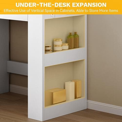 YITAHOME Vanity Desk with 22" Mirror, LED Lights and Power Outlet, Makeup Table with 4 Drawers, Adjustable 3 Lighting Colors, Vanity Table with Open Storage Shelves for Bedroom Dressing Room, White thumbnail 5