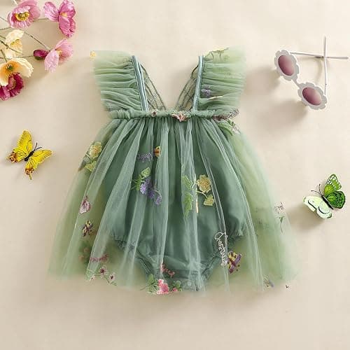 Newborn Infant Baby Girls Clothes Flower Butterfly Embroidery Sleeveless Romper Tulle Mesh Dress Toddler Bodysuit thumbnail 3