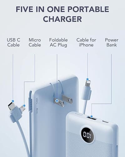 VRURC Portable Charger Built-in Cables and AC Wall Plug, USB C Power Bank 10000mAh, Travel Essentials Phone Charger Compact Lightweight External Battery Pack for Smart Phones, Tablets etc-Blue thumbnail 3