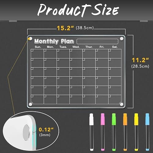 DIYMAG Magnetic Calendar for Refrigerator 3 PCS Dry Erase Whiteboard 15.2"x11.2" Magnet Fridge Monthly Weekly White Board Planning Acrylic Clear Apartment Decor Meal Planner with 6 Colors Markers thumbnail 2