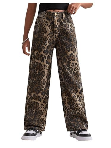 Floerns Girl's Leopard Jeans Mid Waist Straight Leg Y2k Grunge Denim Pants - Image 1