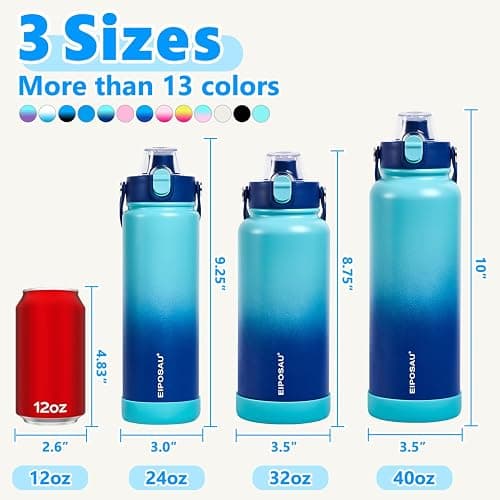 Insulated Water Bottle with Lid & Boot & Stickers, 40 oz Stainless Steel Sweat Free Bottle Keep Cold 24H, BPA-Free Sports Wide Mouth Water Bottle, CyanBlue thumbnail 2