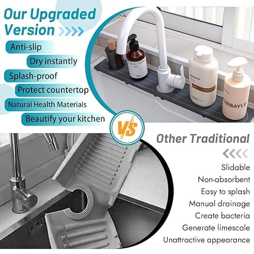 Fast Drying Stone Faucet Mat for Kitchen Sink with Raised Feet, Water Absorbent Diatomite Stone Sink Tray, Faucet Sink Splash Guard, Prevents Moisture Buildup, Durable Protector for Bathroom Counter thumbnail 5
