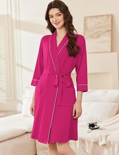 Ekouaer Women Robes Shawl Collar Bathrobe Short Kimono Robe Soft Knit Bathrobes Ladies Sleepwear with Pockets S-XXL thumbnail 2