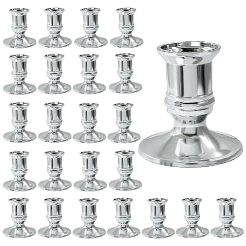 Hordion 24Pcs Taper Candle Holder Silver Plastic Candlestick Holders Decorative Table Centerpiece for Wedding Candlelight Dinner Bridal Showers Party Decor - Image 1