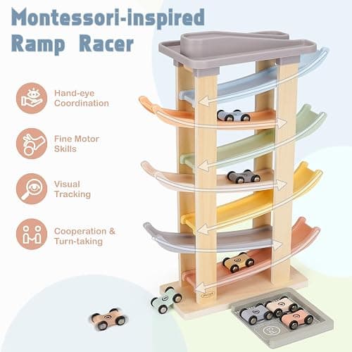 Joyreal Jouet Bebe 1 2 an - Rampe Voiture en Bois, Jeux Montessori avec 8 Mini Voiture Enfant et Un Garage Bois Jouet Cadeau Garcon Fille Enfant thumbnail 6