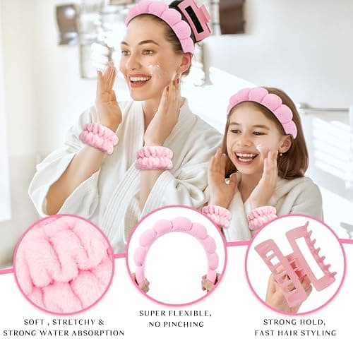 Wecoe Spa Headband And Wristband Set Skincare Headband For Washing Face Hair Claw Clips For Thick Hair Cute Pink Puffy Sponge Makeup Bubble Head Band Wrist Towels Scrunchies For Women Girls thumbnail 3