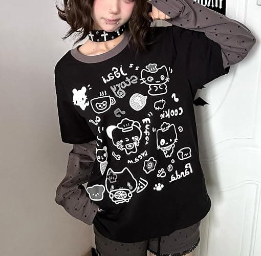 GOTHPICKUS Womens Y2k Cute Graphic Sweatshirts Harajuku Kawaii Striped Sweatshirt Patchwork Cartoon Casual T-Shirts thumbnail 4