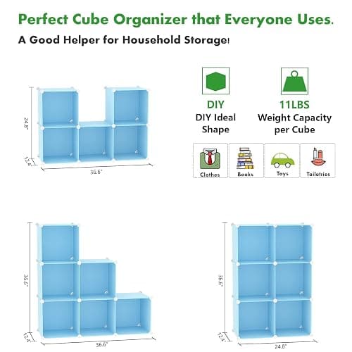 C&AHOME Cube Storage Organizer, 6-Cube Shelves Units, Closet Cabinet, DIY Plastic Modular Book Shelf, Ideal for Bedroom, Living Room, Office, 36.6" L x 12.4" W x 36.6" H Blue UPCS06L thumbnail 6