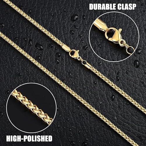 Fiusem 14K Gold Plated Wheat Chain Necklace for Men, 2/2.5/3/4/5mm Stainless Steel Necklace Chains for Men and Women 16-28 Inch thumbnail 5