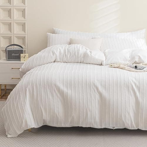 JELLYMONI Duvet Cover Full Size White - 3PCS Boho Striped Duvet Cover Set Polyester Tufted Bohemian Textured Comforter Cover 80×90in with Corner Ties & Zipper and 2 Pillowcases - Image 1
