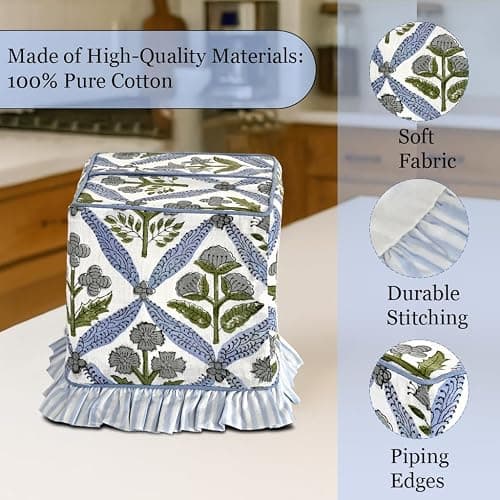 Ridhi Light Steel Blue Block Print Ruffle Tissue Box Cover Handmade Cotton Decorative Square Napkin Holder for Home Bedroom Living Room Bathroom Vanity Countertop Car Office Kitchen thumbnail 4