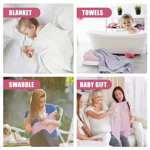 Muslin Baby Bath Towels,3 Pack,6Layer Large 40"x40", Natural Cotton,Pink | Ultra Soft and Absorbent,Infant Toddler Blanket Towel, Unisex Suitable for Girls and Boys,Newborn Essential,Quick-drying thumbnail 4
