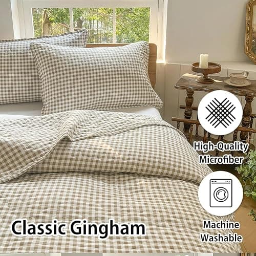 Tan Gingham Queen Quilt Set, Soft Pre-washed Microfiber Taupe Plaid Queen Bedspread, Lightweight Checked Summer Quilt, Grid Bedding Coverlets for All Seasons (Includes 1 Quilt, 2 Pillow Shams) thumbnail 2
