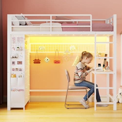 ADORNEVE Twin Loft Bed with Desk,14 Storage Drawers & Power Outlet, Kids Loft Bed Twin Size with LED Lights, Pegboard, Metal Loft Beds with Safety Guardrail & Ladder, Space Saving for Teens, White thumbnail 8