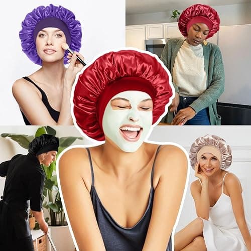 4Pcs Satin Bonnet Silk Bonnet, Hair Bonnet for Sleeping, Elastic Wide Band Silk Sleep Cap, Soft and Breathable (Black Red Purple Gold) thumbnail 6