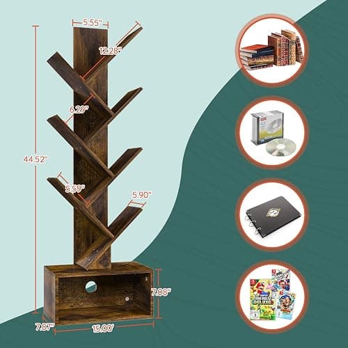 Yoobure Tree Bookshelf - 6 Shelf Retro Floor Standing Bookcase, Tall Wood Book Storage Rack for CDs/Movies/Books, Utility Book Organizer Shelves for Bedroom, Living Room, Home Office, Rustic Brown thumbnail 3