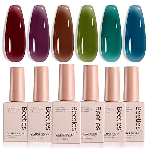 Beetles Jelly Gel Nail Polish Set - 6 Colors Mocha Brown Burgundy Red Purple Green Blue Fall Gel Polish Kit Sheer Translucent Effect Soak Off UV Midnight Syrup Nail Art Manicure Gift for Women - Image 1