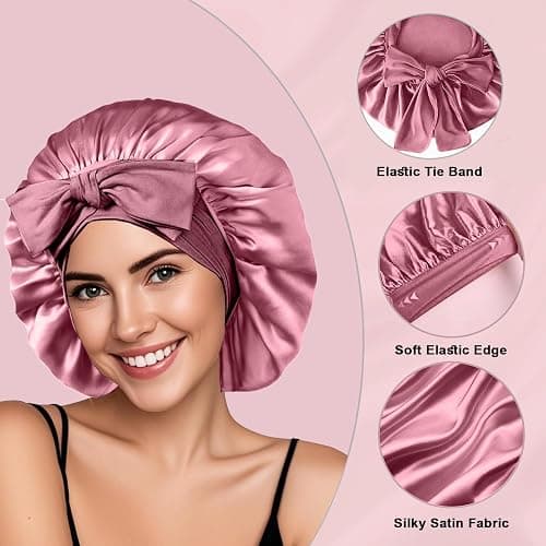 2Pcs Silk Hair Satin Bonnet for Sleeping Women,Large Satin Sleep Bonnets for Women with Elastic Tie Band Silk Hair Wrap with Ajustable Straps,Night Sleep Cap for Curly Braids,Black+Rose Gold thumbnail 2