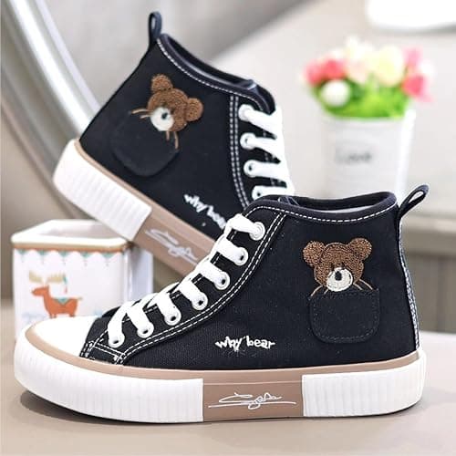 Women's High Top Canvas Sneakers Cute Bear Embroidery Kawaii Shoes Biscuit Sole Lace Up Casual Walking Shoes for Teen Girls School thumbnail 4