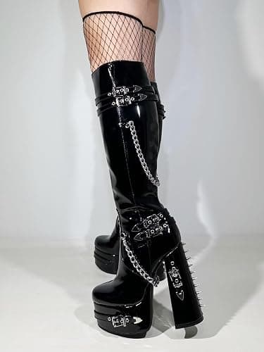 Frankie Hsu Goth Sexy Chunky Platform Knee High Heeled Boots, Black Patent Silver Chain Rivets Gothic, Punk Y2K Hot Girl Big Large Size Wide Calf Long Shoes For Women Men thumbnail 2