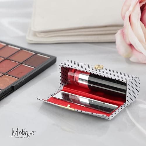 Motique Accessories Small Polka Dot Ladies Lipstick Case With Mirror Purse Holder White thumbnail 3