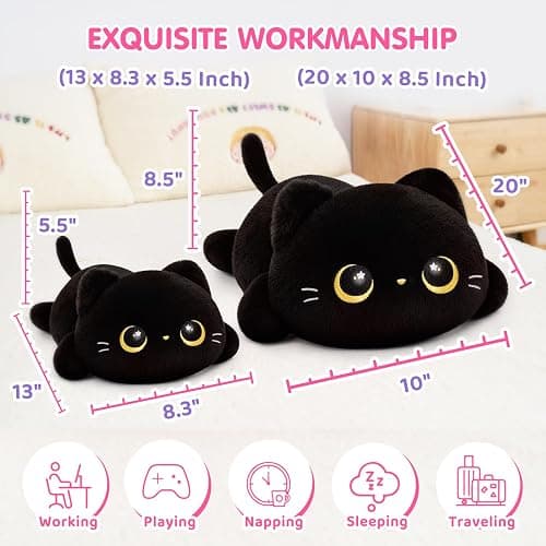 Cute Black Cat Plush Pillow, Kawaii Plushies Black Cat Stuffed Animals, Squishy Plushies, Cuddle Plush Pillow for Kids & Girls (20 Inch) thumbnail 3