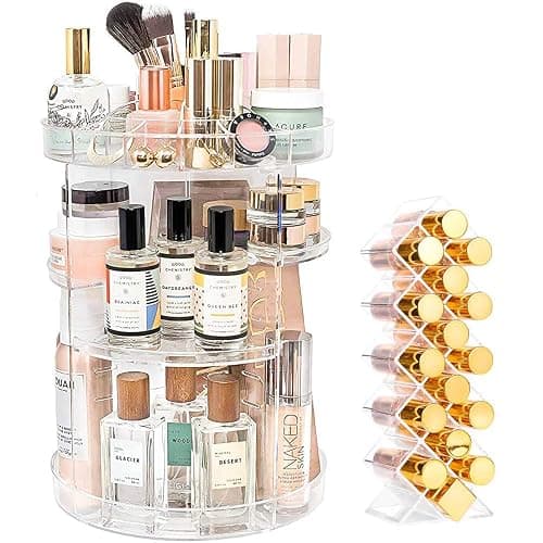 YIEZI Makeup Organiser 360 Degree Rotating Cosmetic Display Stand with 1-Pack Fish Shape Lipstick Organiser Tower, Multi-function Adjustable Spinning Holder, Storage Cosmetic Skincare Perfume Lipstick - Image 1