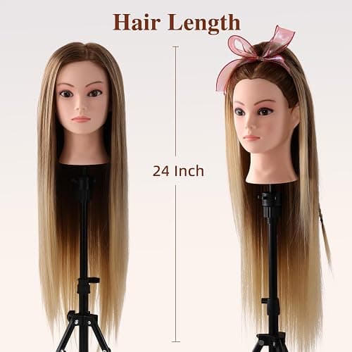 24" Hairdressing Head, Mannequin Head with Synthetic Fiber Hair Manikin Practcie Training head for Hair Styling Blonde Gradient Styling Head with Clamp Hair Braid Accessoires Set thumbnail 5