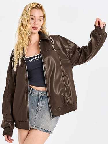 Tankaneo Womens Faux Leather Jackets Oversized Bomber Casual Fall Fashion Zip Up Moto Biker Coats thumbnail 3