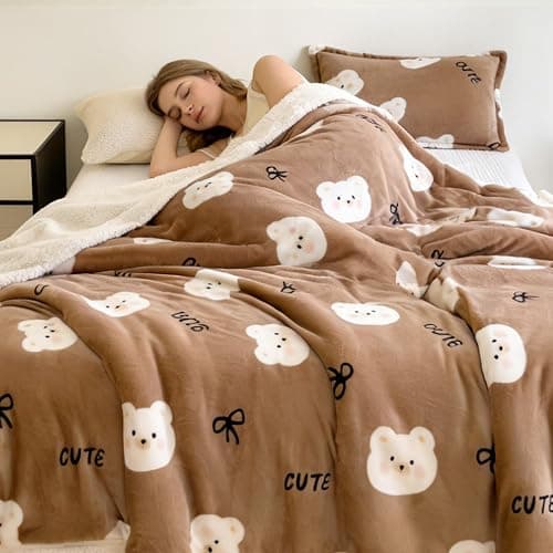 YYTCOZYY Cute Bear Print Blanket – Reversible Soft Fleece Sherpa Throw Blanket for Women, Cozy Warm Plush Blanket for Couch Bed Office, Camel Brown (80"x90") thumbnail 7