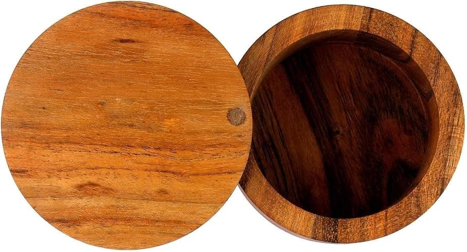 Kaizen Casa Acacia Wood Salt or Spice Box with Swivel Cover perfect for keeping table salt, gourmet salts, herbs or favorite seasonings, close at hand on your countertop. thumbnail 5