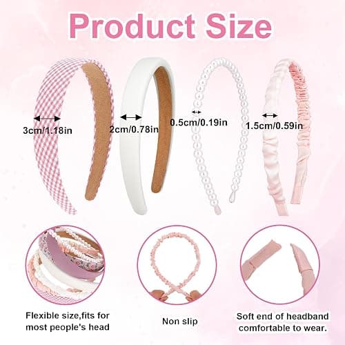 Giantree 7 Pcs Headbands for Women Girls Headbands Set (Pink) | Non Slip Floral Headbands Padded Headbands, Vintage Wide Headband Bandana Hair Accessories, for Women thumbnail 2