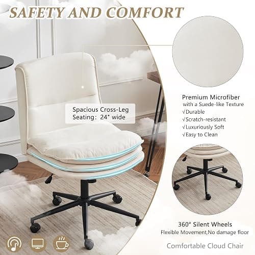 VINGLI Cloud Criss Cross Legged Chair,18" High Back Armless Home Office Desk Chair with Wheels,Wide Adjustable Comfy Padded Seat Task Computer Chair,Modern Swivel Makeup Vanity Chair,Microfiber,Beige thumbnail 5