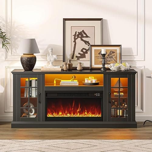 Rolanstar Fireplace TV Stand with Led and Power Outlets, Black Entertainment Center with Electric Fireplace for 45/50/55/60/65/70 inch TVs, Modern TV Console with Storage Cabinet for Living Room thumbnail 7