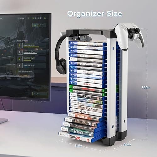 ASFSKY Video Game Storage Tower - 24 Game Holder Stand with 2 Hooks for Controllers Universal Organizer Compatible with PS5, PS4, Xbox, Switch Games (23) thumbnail 2