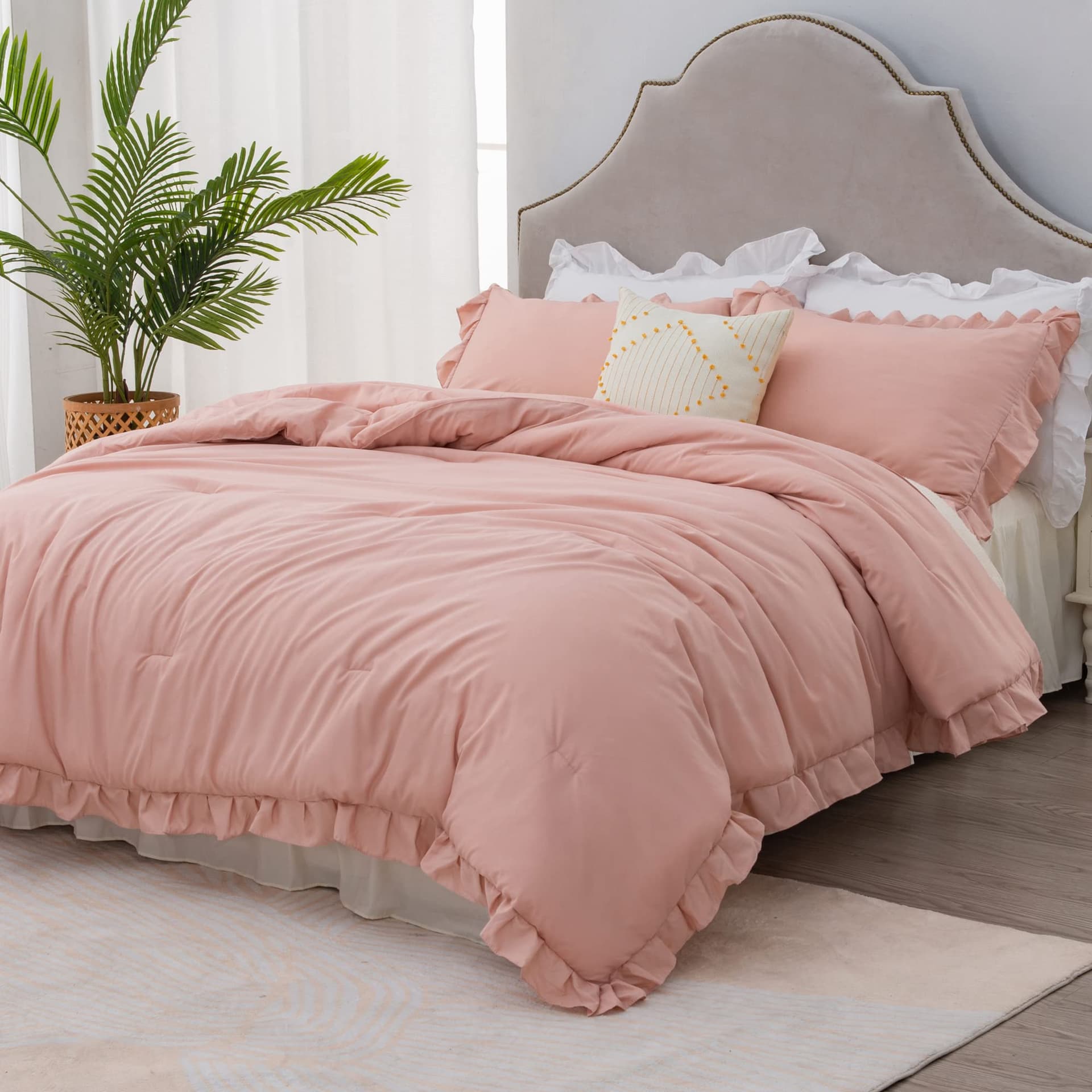 Litanika Blush Pink Ruffle King Bed Comforter Set, 3 Pieces Girls Women Cute Bedding Comforters & Sets, Lightweight Fluffy Microfiber Down Alternative (104x90In Comforter & 2 Pillowcases) - King (104"x90") - Blush Pink thumbnail 3