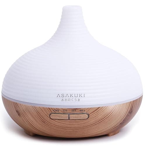 ASAKUKI 300ML Essential Oil Diffuser, Wood Grain BPA-Free Whisper Quiet Cool Mist Humidifier, Natural Home Fragrance Diffuser with 14 Colors LED Lights and Easy to Clean - Light Brown - Image 1