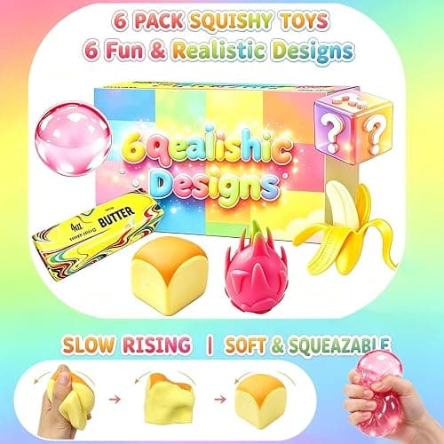 6 Pack Squishy Toy Box, Realistic Slow Rising TPR Sensory Fidget Toys, Soft Squeeze Toys, Assorted Gift Set for Adults and Kids, Desk Toys, Birthday Party Favors, Classroom Prizes thumbnail 2