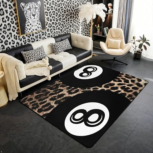 Erosebridal Y2K Lucky 8 Ball Area Rug 5X7 Low Pile Print,Trendy Cheetah Print Living Room Rugs,Fashion Leopard Preppy Decorative Carpet Vintage Black Brown Indoor Floor Mat - Image 1